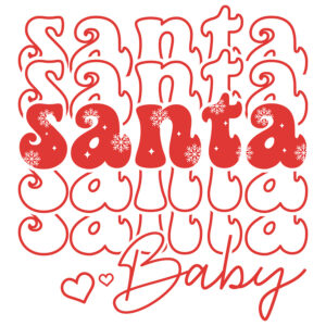 Santa Baby Retro Christmas DTF transfer featuring stacked shadowed text with snowflakes – perfect for custom holiday t-shirts and festive gifts.
