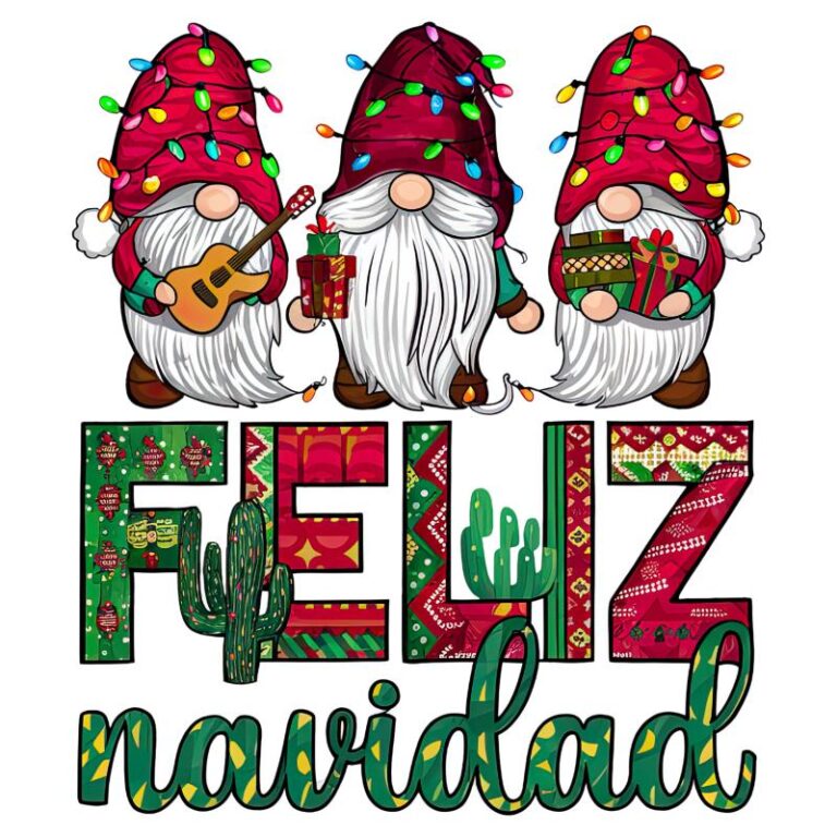 Three festive gnomes with light-decorated hats holding gifts, a guitar, and presents, with "Feliz Navidad" in colorful, patterned letters featuring cactus motifs.