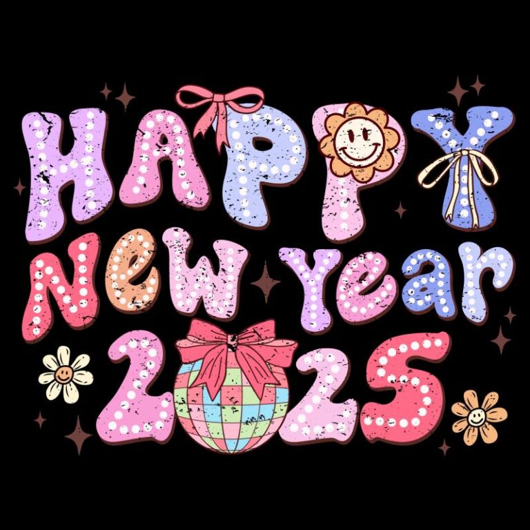 Happy New Year 2025 retro design featuring colorful polka-dotted text, smiling flowers, and a disco ball with a bow.