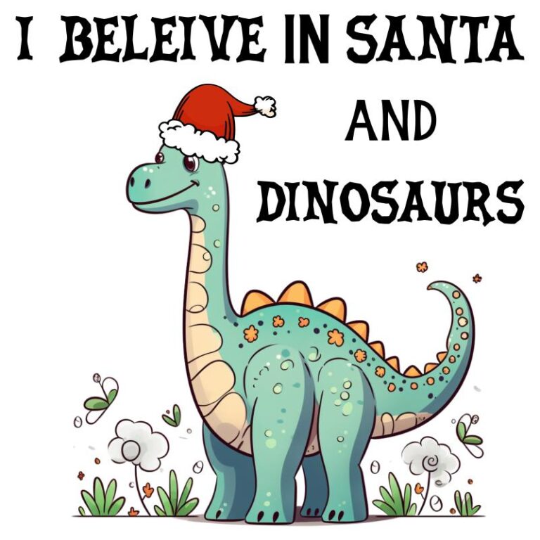 I Believe in Santa and Dinosaurs DTF Transfer - A playful dinosaur wearing a Santa hat with festive elements