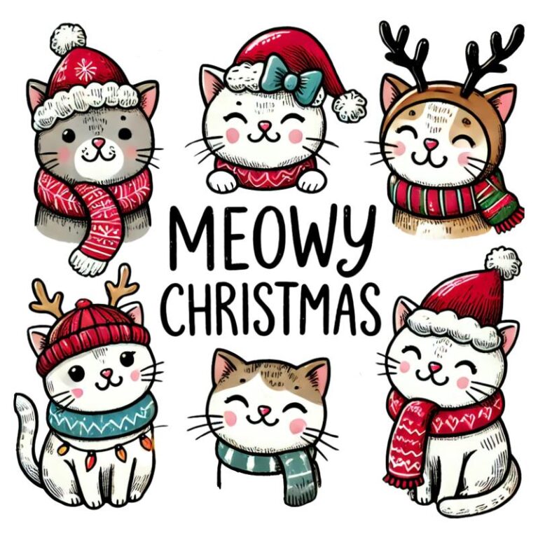 Adorable Christmas cat design featuring six festive kittens with scarves, Santa hats, reindeer antlers, and holiday cheer, captioned "Meowy Christmas.