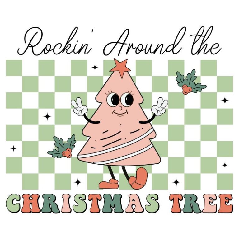 Rockin' Around the Christmas Tree DTF Transfer featuring a whimsical Christmas tree character, holly accents, and a retro checkerboard background.