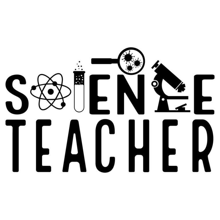 Black-and-white science-themed DTF design featuring a microscope, atom, test tube, and magnifying glass with the text "Science Teacher."