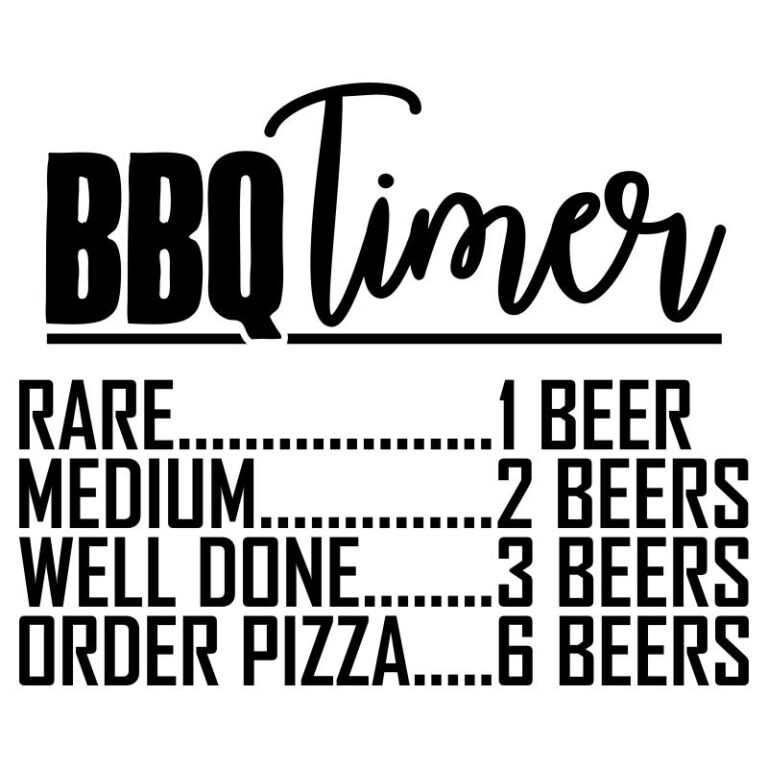 Black BBQ Timer graphic with beer-based cooking levels for grilling – DTF heat transfer design