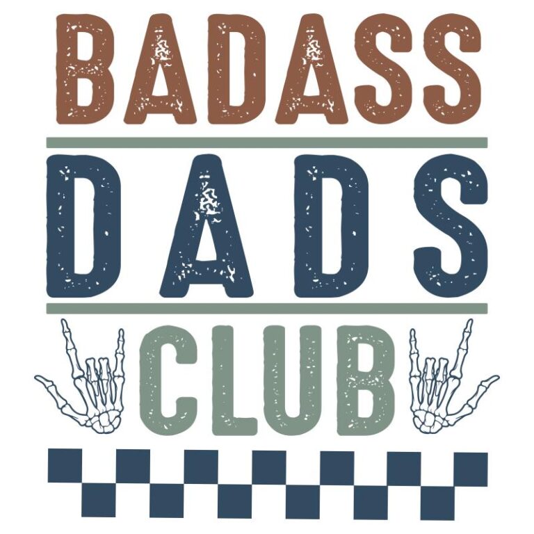Retro-style “Badass Dads Club” DTF transfer with distressed bold lettering, skeleton rock hand signs, and checkered stripe accent