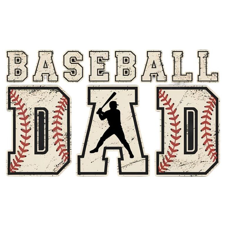 Vintage-style Baseball Dad DTF transfer with red stitching detail, distressed lettering, and silhouette of batter inside the letter A