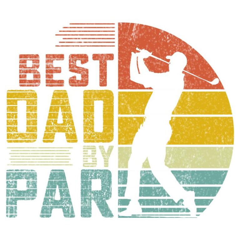 Vintage-style “Best Dad by Par” DTF transfer featuring a golfer silhouette with retro sunset stripes in red, yellow, and teal