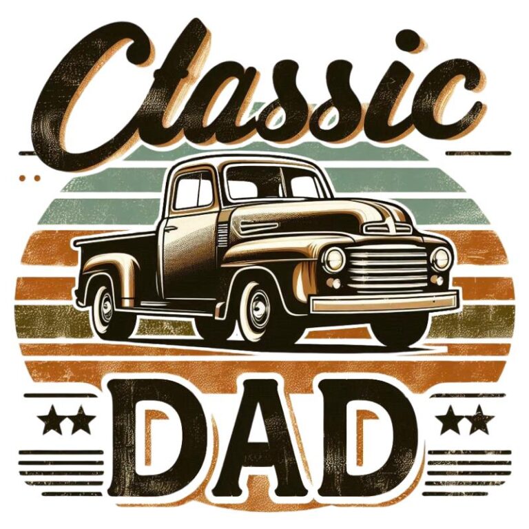 Classic Dad DTF transfer featuring a vintage brown pickup truck with retro sunset stripes in green, tan, and rust tones
