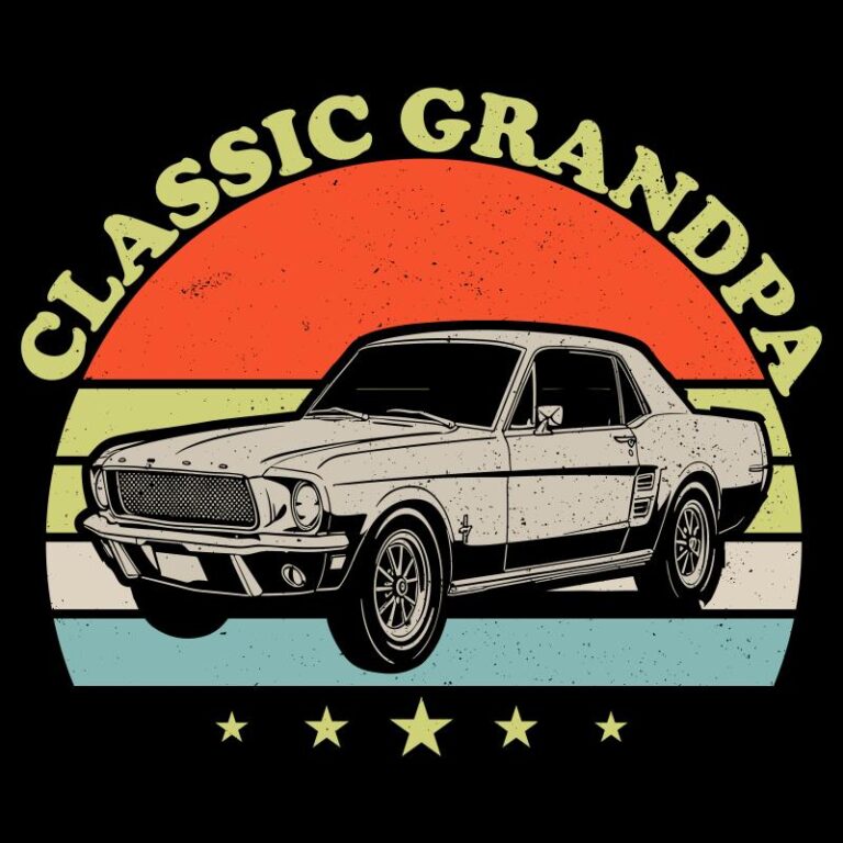 Classic Grandpa retro design with vintage muscle car, distressed rainbow stripes, and bold block lettering