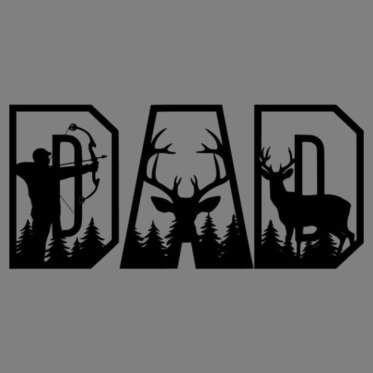 DAD text with bowhunter, antlers, and deer silhouettes in forest scene, bold hunting-themed design