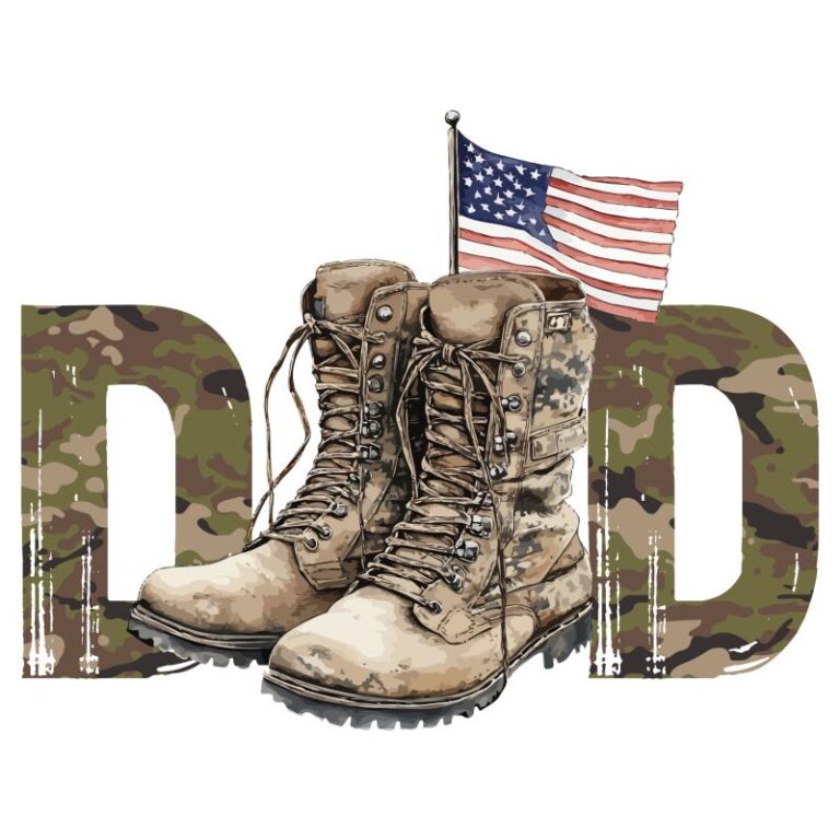 DTF design with combat boots, camouflage "DAD" text, and American flag — perfect for military dads and patriotic Father's Day shirts.