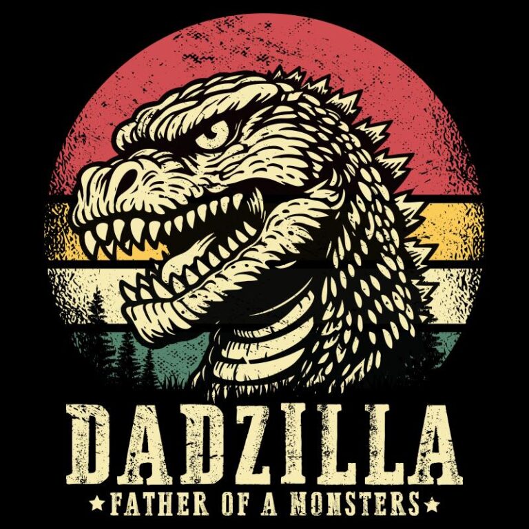 Dadzilla Father of a Monsters retro dinosaur design with distressed text and sunset stripes background