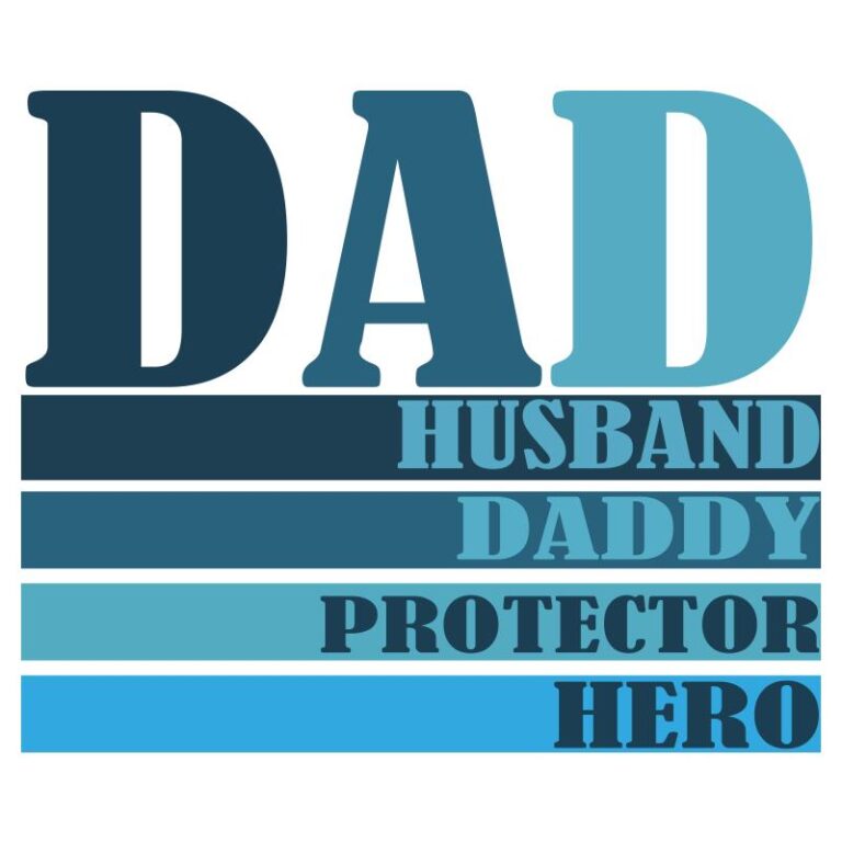 Blue-toned DTF design with bold text reading “Dad. Husband. Daddy. Protector. Hero.” — perfect for Father’s Day shirts and gifts.