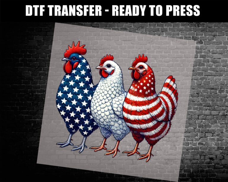 Three chickens with red, white, and blue patriotic designs featuring stars and stripes—DTF heat transfer for 4th of July shirts.