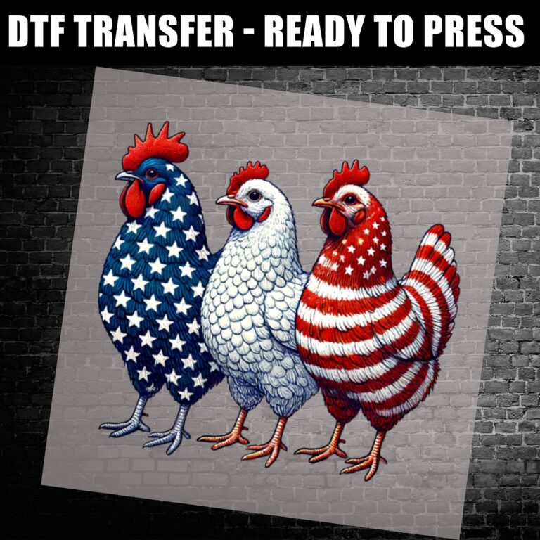 Three chickens with red, white, and blue patriotic designs featuring stars and stripes—DTF heat transfer for 4th of July shirts.