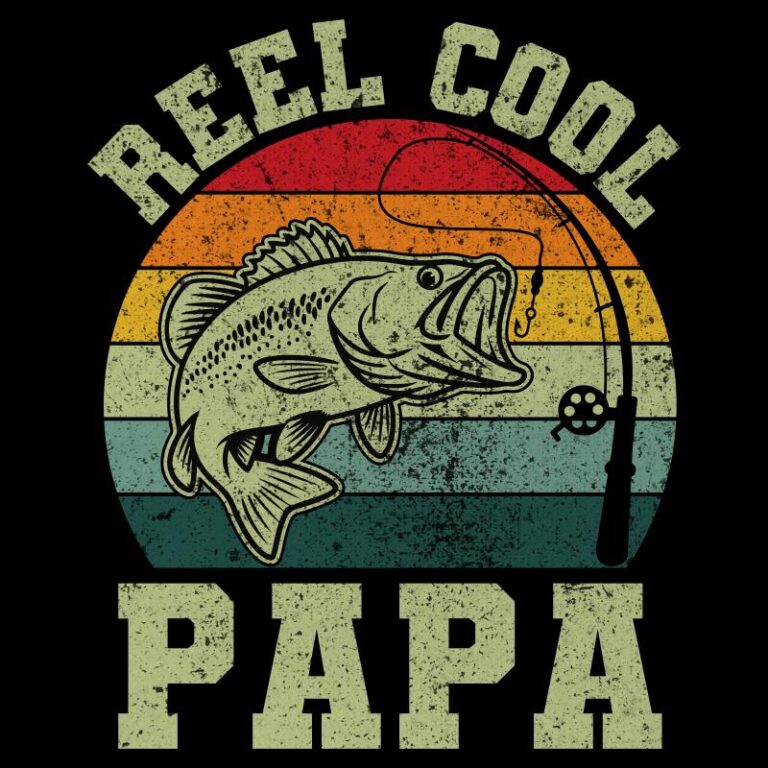 Reel Cool Papa fishing design with retro stripes, bold vintage font, and a bass fish hooked on a line