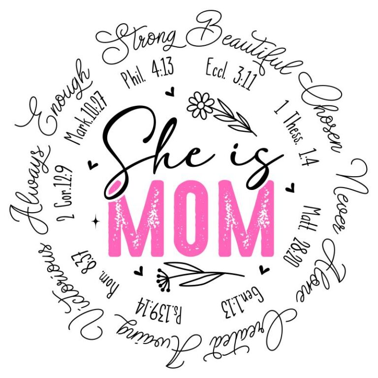 Christian-themed DTF transfer with the phrase “She is MOM” surrounded by Bible verses and positive affirmations, perfect for Mother's Day gifts.