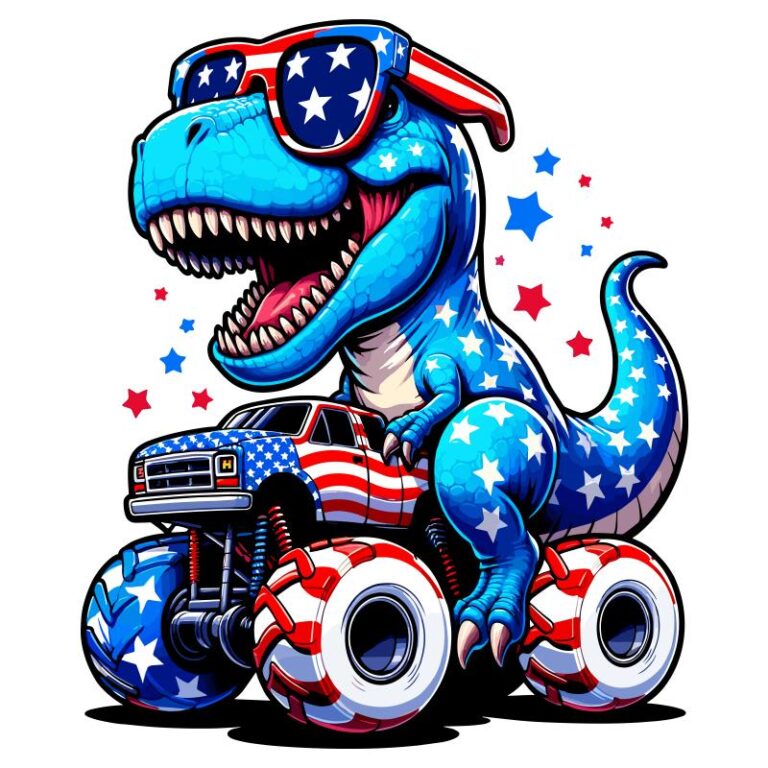 Cartoon blue T-Rex in patriotic sunglasses riding a red, white, and blue monster truck – 4th of July DTF heat transfer design.