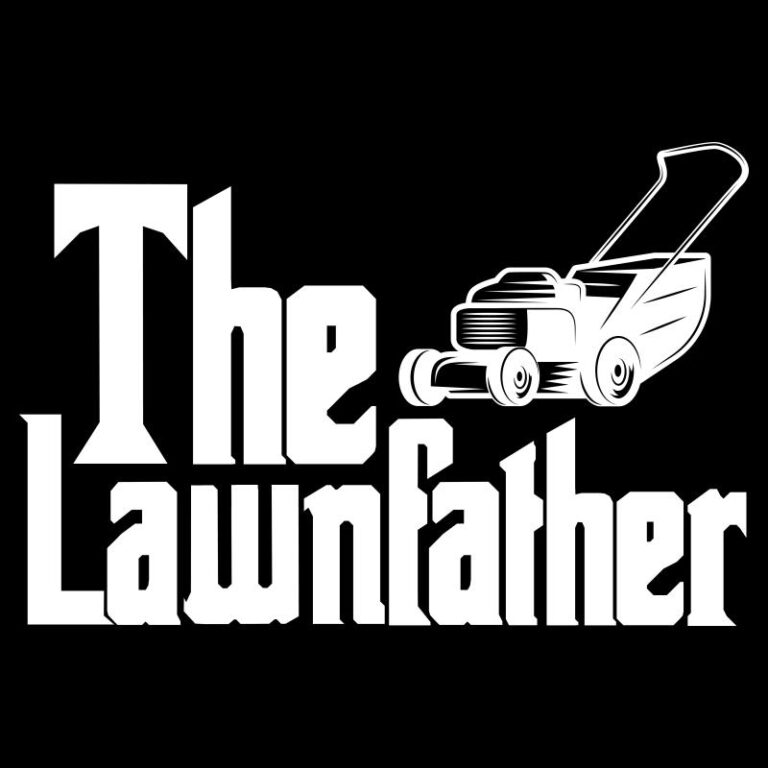 The Lawnfather lawn mower design with bold parody text and a black-and-white mowing theme
